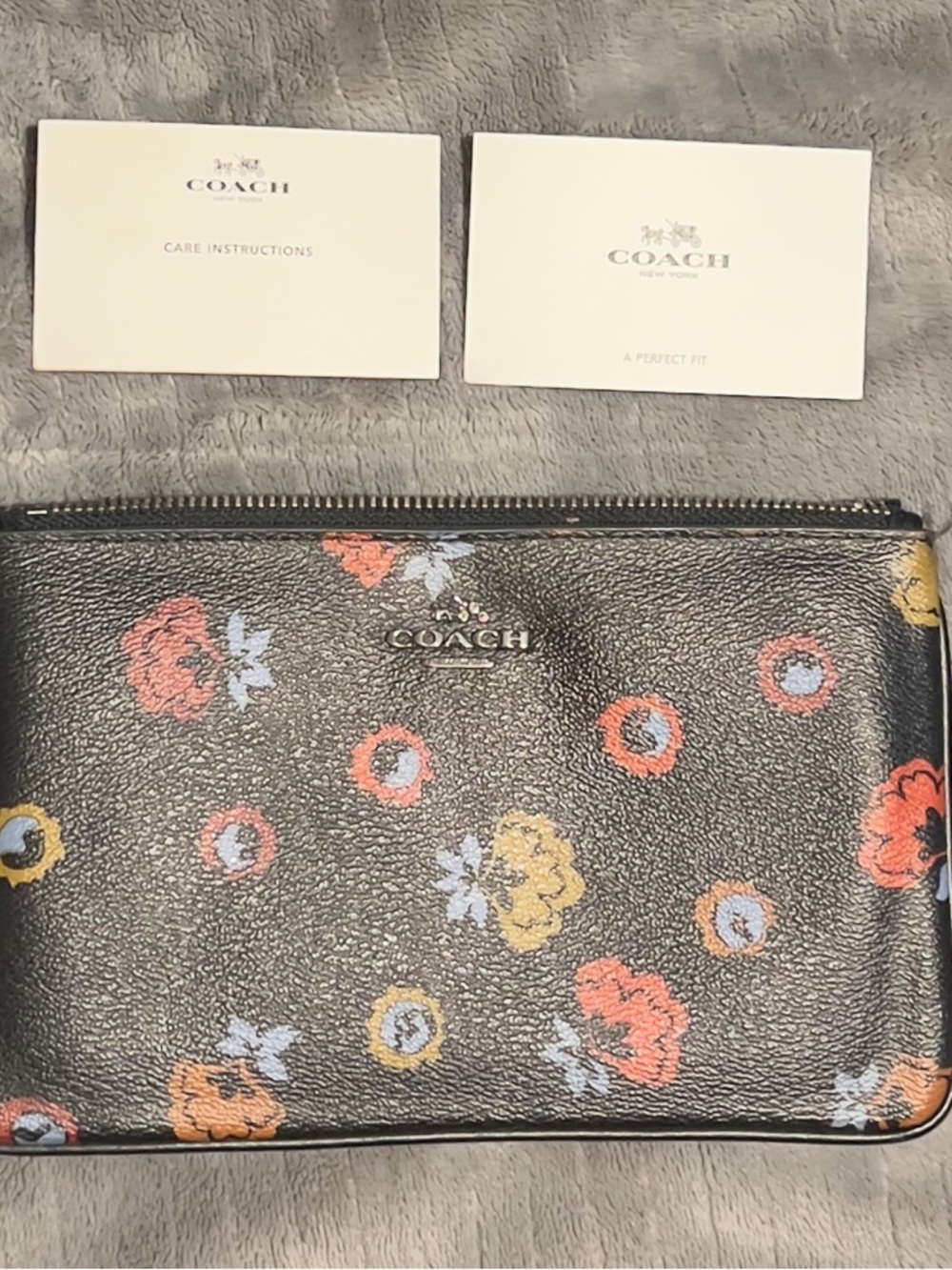 Coach Black Floral Leather Zip wristlet with Multicolor Flowers